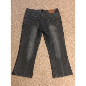 Up Rise Womens Classic Jeans Capri Size 13/14 Distressed White Pinstripe Design